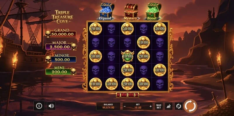 Triple Treasure Cove – hovedskærm med hjul og en piratbugt